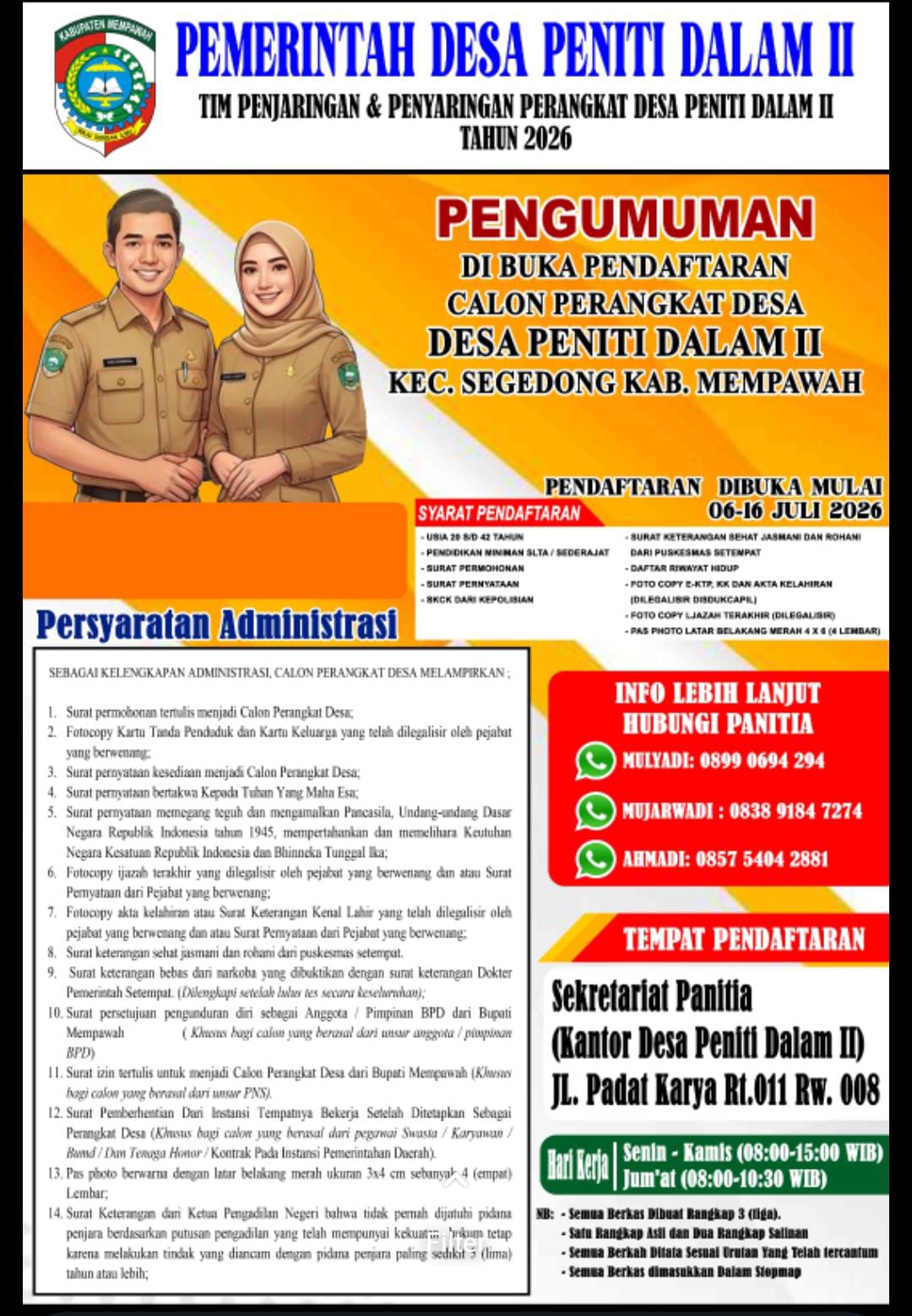 Pengumuman Penjaringan dan Penyaringan Perangkat Desa Peniti Dalam II dari 06 Juli sampai 16 Juli 2026