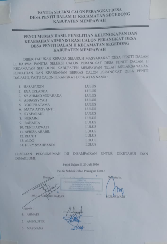 PENGUMUMAN HASIL PENELITIAN KELENGKAPAN DAN KEABSAHAN ADMINISTRASI CALON PERANGKAT DESA DESA PENITI DALAM II KEC. SEGEDONG KAB. MEMPAWAH